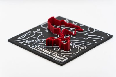 Cannock Chase 3D Printed Trail Centre Map with extruded route and accurate contours