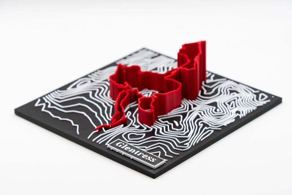 Glentress 3D Printed Trail Centre Map with extruded route and accurate contours